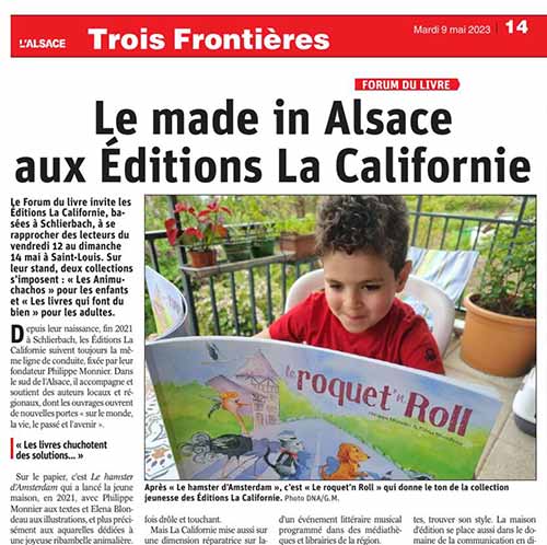 Article de presse paru dans L'Alsace : les Éditions La Californie rayonnent au 40e forum de livre de Saint-Louis en Alsace.