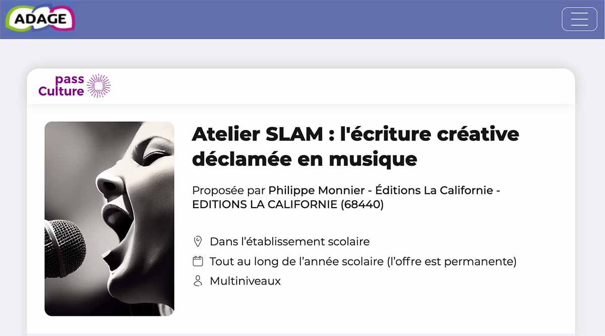 Atelier SLAM en Alsace, dans le cadre du pass culture : lycées, collèges, centres culturels, médiathèques, avec Philippe Monnier, écrivain et compsiteur.